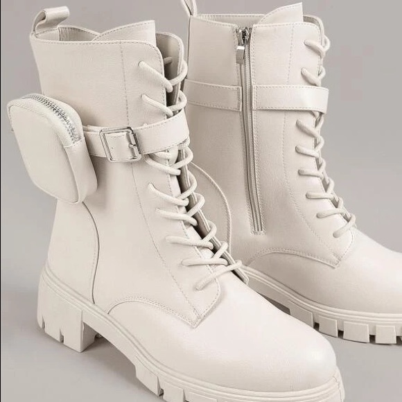 cream combat boots with buckled bag / pouch - Picture 1 of 6